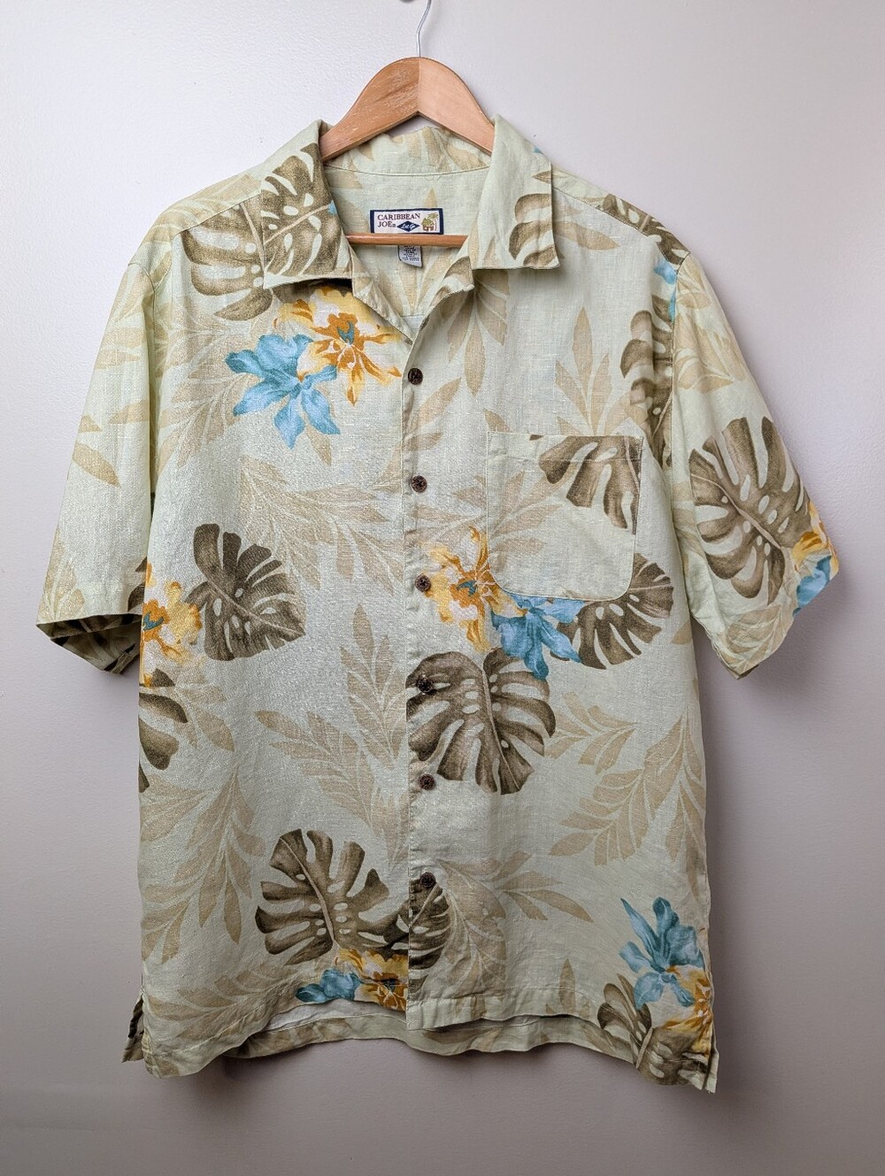 Caribbean Joe Linen Hawaiian Green Sage Short Sleeve Shirt L Tropical Resort